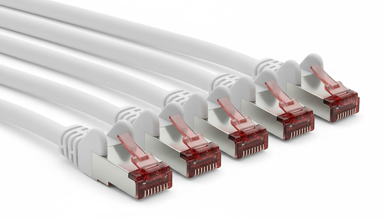 Lot de 5 câbles LAN Cat6 - 10 m - Blanc - Câble réseau Ethernet RJ45 - Câble patch S/FTP PiMF - Double blindage Gigabit 250 MHz - Contacts plaqués or pour routeur, modem, commutateur, PC