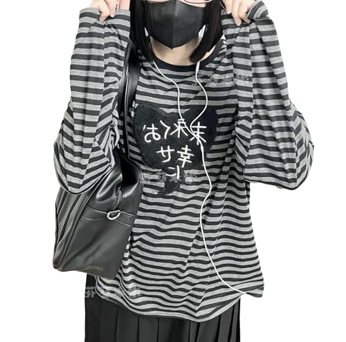 Image of Dynict Y2k Cute Sweatshirts for Women Harajuku Kawaii Striped Sweatshirts Cartoon T-shirts, Black, S