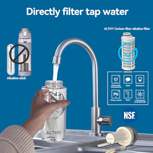 ALTHY - Alkali-Wasserfilter Flasche, alkalisches Wasser bis pH 9,5, zusätzliche Mineralien und Elektrolyte, Filtert Restchlor, Schwermetalle usw, BPA-frei, 500 ml, 3 Filter im Lieferumfang enthalten