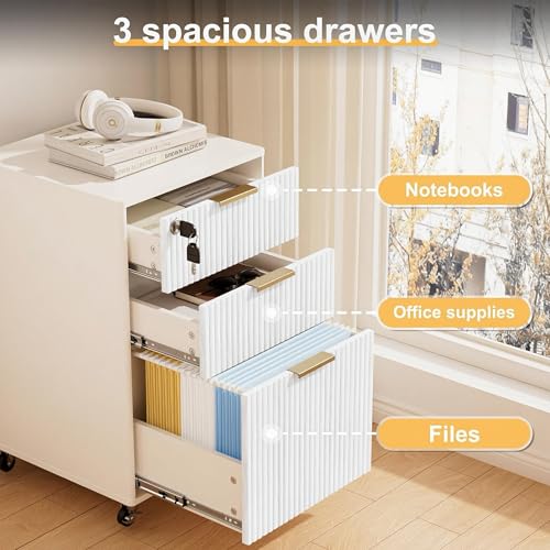 3 Drawers Fluted Mobile File Cabinet with Lock, Rolling File Cabinet Printer Stand Table, Under Desk Wooden Filing Cabinets for Home Office Essentials Storage Organization Furniture Letters/A4(White) by INNOD - Image 4