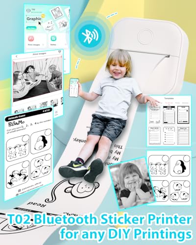 Image of Phomemo Sticker Printer- Print Pods Mini Sticker Printer Maker, Inkless Machine Portable T02, Bluetooth Thermal Pocket Photo Maker for Study Notes, Daily, Photos, DIY, White