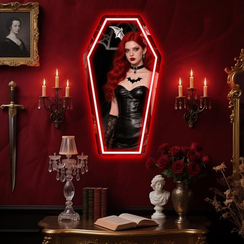 Image of Coffin Neon Mirror, Neon Signs for Wall Decor, Gothic Mirror Gift for Goth Lovers, Whimsical Goth Home Decor, Witch Bedroom Decor 23″x13″