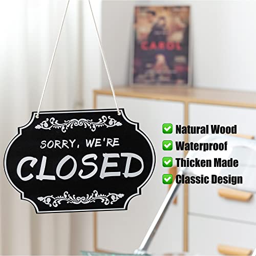 Wooden Open And Closed Sign, Business Store Sign Double Sided Welcome, We're Open, Sorry, We're Closed Hanging Sign For Shop, Coffee Bar 12''X8'' (Black) #TOP1