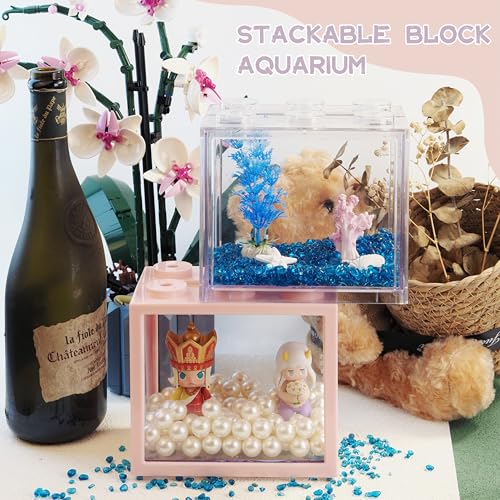 Image of Small Betta Fish Tank, Mini Fish Tank Aquarium Tank Kit with Blue Gravel & Resin Decorations, 0.6 Gallon Stackable Fish Bowl Tiny Desktop Aquarium for Sea Monkey Shrimp
