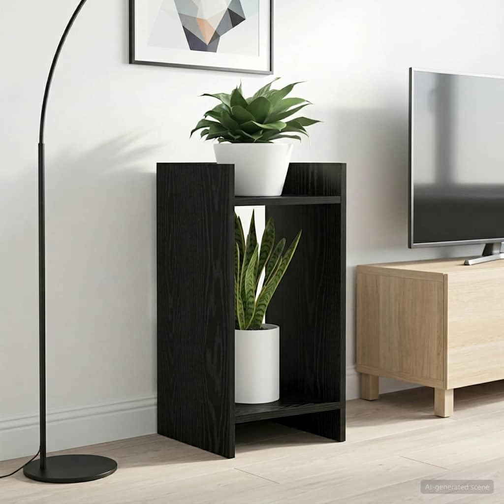 Pflanzenständer Schwarze Eiche 30x30x60 cm - Moderner Blumenhocker aus Holzwerkstoff für Innenbereich - Platzsparende Pflanzensäule mit 2 Regalböden für Blumentopf und Deko
