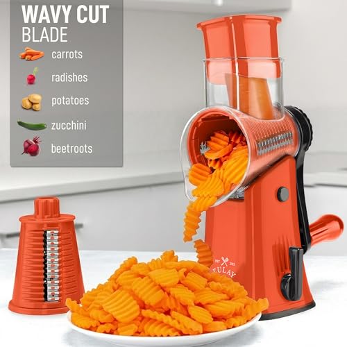 Image of Zulay Kitchen Rotary Cheese Grater 5 Blade Cheese Shredder - Manual Hand Crank Cheese Grater With Reinforced Suction & 5 Interchangeable Drums - Easy to Use, Vegetable Chopper Round Mandoline Slicer