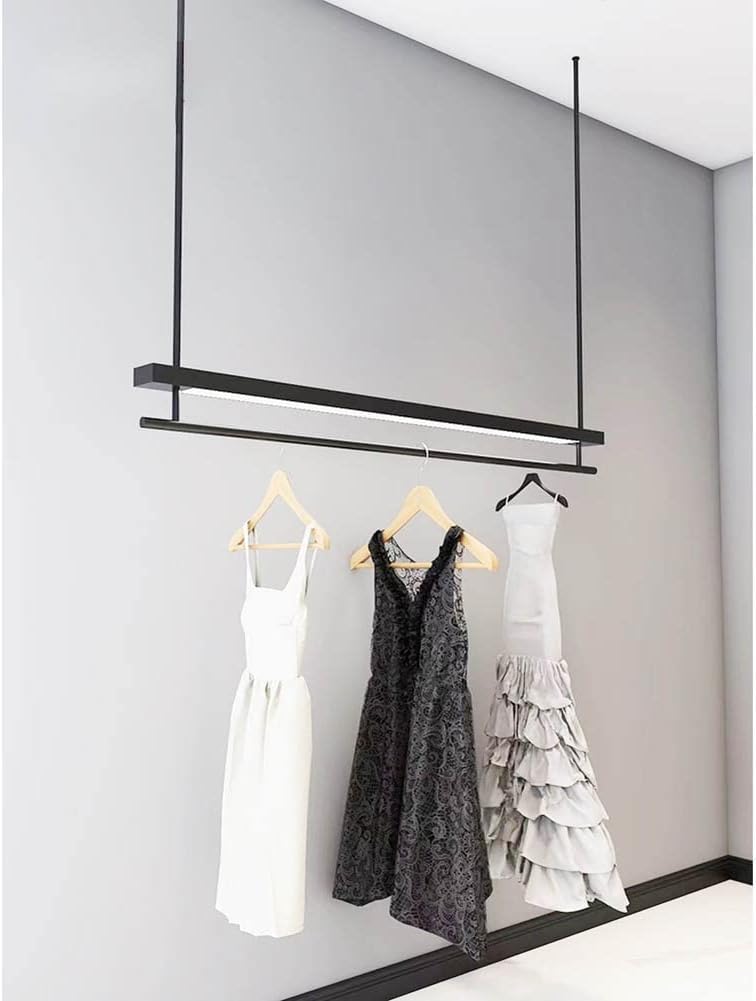 Ceiling Hanging Garment Racks with LED Lights, Height Adjustable for Commercial Wedding Dress Display and Clothes Storage