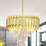 FRIXCHUR Gold Crystal Chandelier, 15.7' 3-Tier Raindrop Pendant Light, 5-Light E12 Modern Adjustable Ceiling Fixture for Dining Room Living Room Kitchen Island Foyer