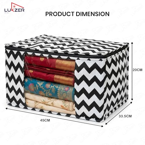 Image of Lukzer Non-Woven Zigzag Printed Saree Covers for Storage with Transparent Window & Zip - Large Set of 12 | Cloth Storage /Wardrobe Organizer for Woman Clothes /Lehengas /Dresses 45x33x20CM - (LSC-02-12)