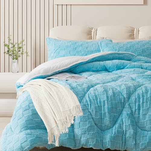 ELNIDO QUEEN® Fluffy Comforter Set King, Light Blue Winter Fleece