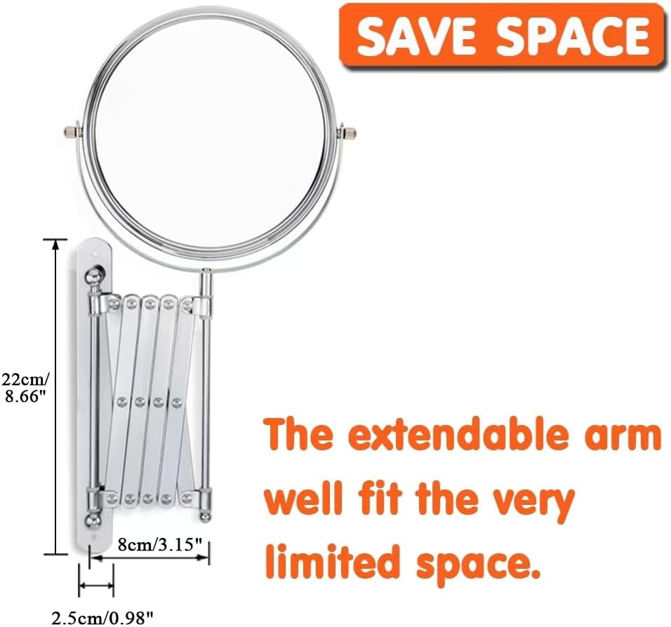 Welllink 8Inch Max Wall Mounted Bathroom Mirror, 10X Magnification with 1X Side, High-Definition Glass, No Distortion, Chrome Finish