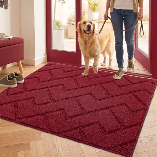 Image of hicorfe Front Door Mat Outside Entrance,32 inchx40 inch Absorbent Muddy Dirt Resist Welcome Door Mats Outdoor Indoor,Stain and Fade Resistant,Non Slip Backing Entry Mat Doormat for Entryway(Red)