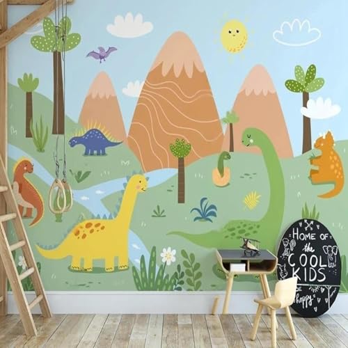 Mural de pared personalizado para habitación infantil: papel pintado a mano con escena de bosque de dinosaurios de dibujos animados para la sala de juegos de la guardería. 350cm(W)×245cm(H)