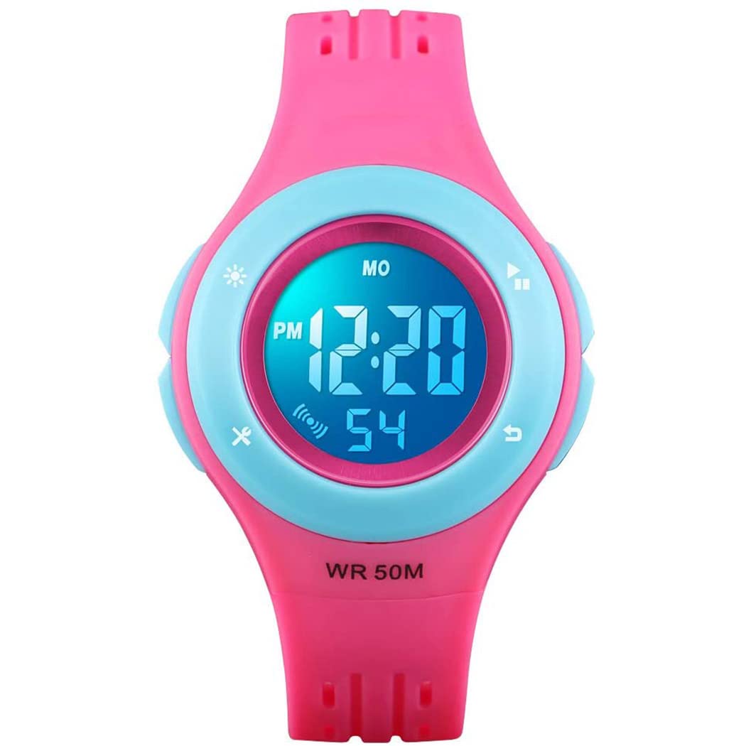 AMERTEERAMERTEER Kids Digital Waterproof Watch, Sports LED Wrist Watch with Alarm & Stopwatch for Boys and Girls, Cute Outdoor Luminous Watches for Children & Toddlers (Pink)