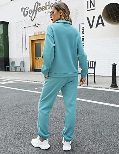 Pehmea Women's Fleece Two Piece Outfit Half Zip Sweatshirt And Joggers Pants Set Tracksuit (Green-L) #TOP4