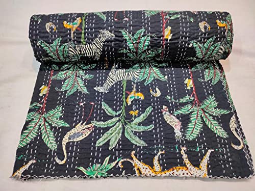 Indian-Shoppers Kantha schwarze Steppdecke im Boho-Stil mit großen Tiermotiven, Überwurf, Quilts, handgefertigt, Baumwolle, genäht, Tagesdecke Hippie-Decke (274 x 274 cm) Cover