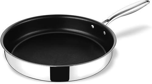 TeamFar Sartén antiadherente de acero inoxidable de 10 pulgadas de 3 capas con mango largo, para estufas de cerámica de vidrio de gas de inducción,