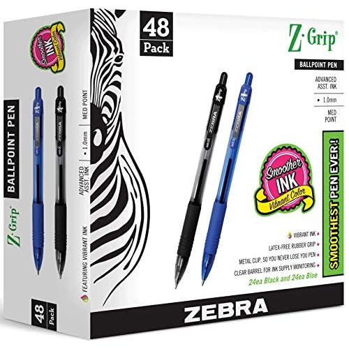 Zebra Pen Z-Grip Retractable Ballpoint Pens, Medium Point 1.0 mm, 24 Black Pens & 24 Blue Pens Combo Bulk Pack – 48 Pack