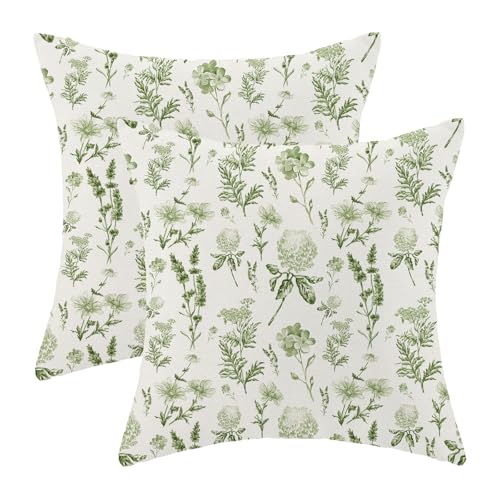 Image of AEIOAE Sage Green Spring Pillow Covers 16x16 Inch Set of 2, Wild Flower Leaves Plant Throw Pillows Case,Seasonal Floral Outdoor Decorative Farmhouse Decor Cushion Covers for Home Sofa Bed Couch