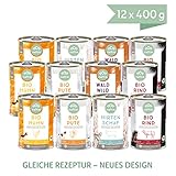 naftie Bio Hundefutter Reinfleischdosen Mischpakete - 100% Reinfleisch pur Spar-Pakete - Nassfutter zum Mischen - glutenfrei, getreidefrei - 12x 400g