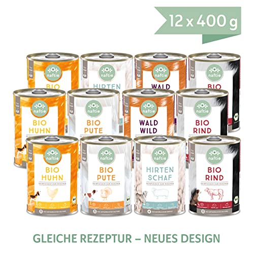 naftie Bio Hundefutter Reinfleischdosen Mischpakete - 100% Reinfleisch pur Spar-Pakete - Nassfutter zum Mischen - glutenfrei, getreidefrei - 12x 400g