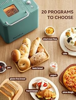Neretva 20-IN-1 Bread Maker, Dual Heater 2LB Bread Machine Stainless Steel Bread Makers Machine Nonstick Ceramic Pan Compact for Gluten Free/Sourdough/Whole Wheat Bread/Yogurt, Breadmaker Recipe-Green