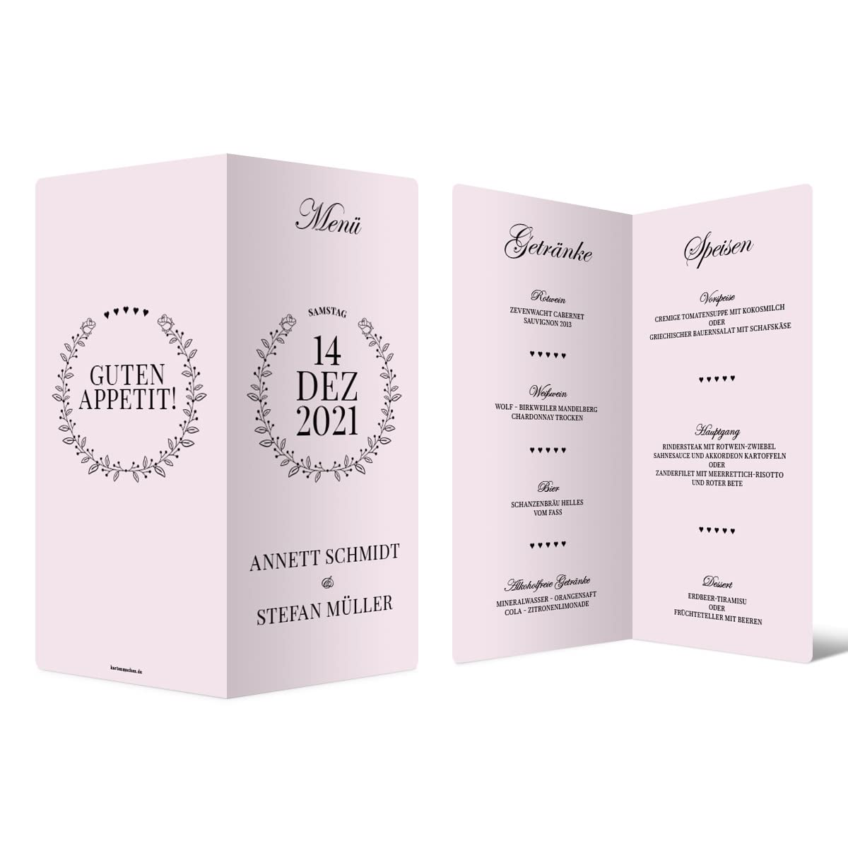 50 x Hochzeit Menükarten Speisekarten Getränkekarten individuell gestalten DIN Lang hoch Klappkarte mit abgerundeten Ecken - Rosa Chic