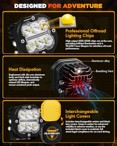 Image of Auxbeam XP-Ultra Series 3 Inch LED Pods with Amber White DRL & Turn Signals, 84W 9600LM Spot Flood Combo Ditch Lights Off Road Driving Fog Light Bar with Black & Amber Light Covers, Pair