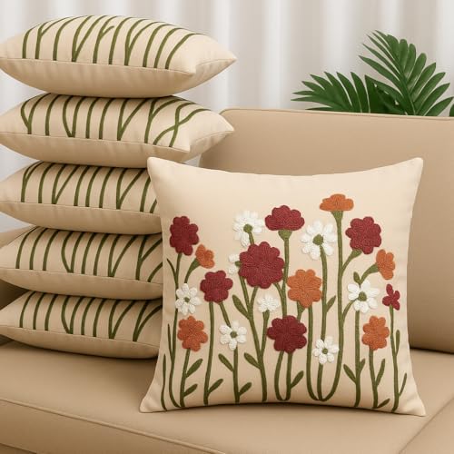 Image of LOFEY Satin Cushion Covers Set of 5 | 16 inch x 16 inch (40x40 cm) MultiFloral Decorative Sofa & Bed Pillow Covers for Living Room & Bedroom Decor (Without Filler) (Beige)