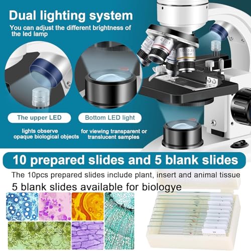 Microscópio trinocular 40X-5000X, microscópio para adultos, grau de laboratório com duplo estágio me