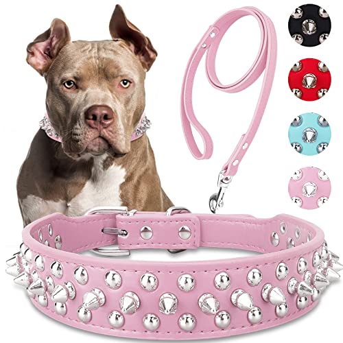 Spiked Studded Leather Dog Collar with Leash, Epesiri Rivet PU Leather Dog Collars for Pit Bull, Durable Leather Cat Collar with Spiked Studded for Small Medium Large Breed Best Gift Pet Rivet Collar