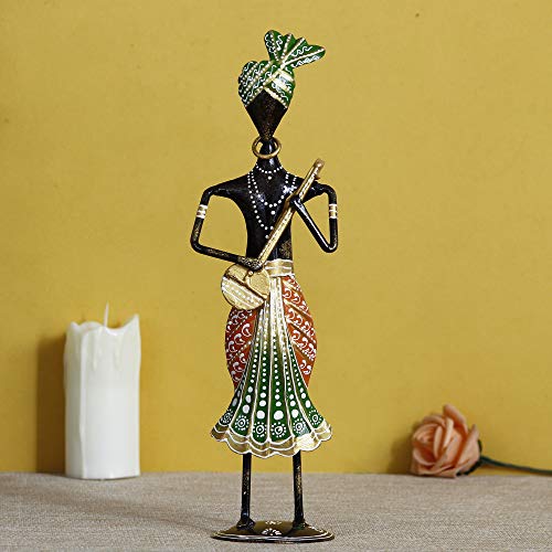 Image of eCraftIndia Tribal Iron Men's Playing Musical Instrument Dholak Decorative Showpiece, Green, Orange and Black, one Size (IRLADY513)