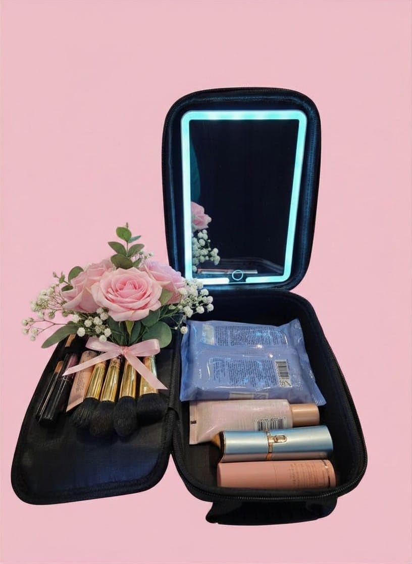 Travel Cosmetic Bag Waterproof with LED Light and Makeup Mirror Bolsa de Cosméticos de Viaje Portátil, Organizador de Maquillaje Impermeable, Bolsa de Belleza con Luz LED y Espejo de Maquillaje