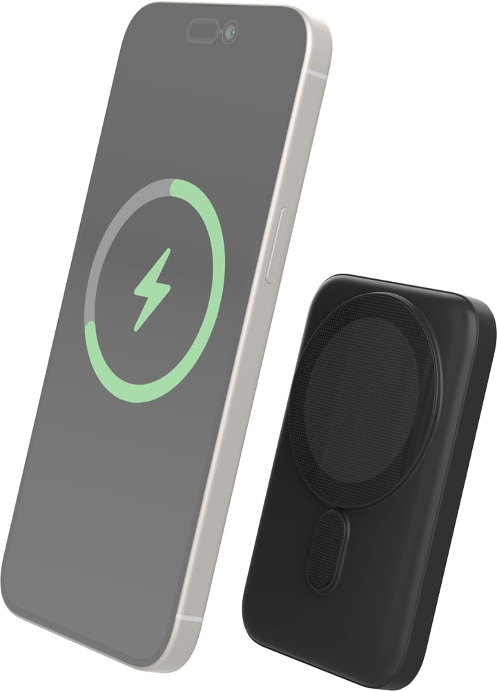 Bigben 5000mAh Power Bank magnetically attached to the back of a smartphone, showing a lightning effect