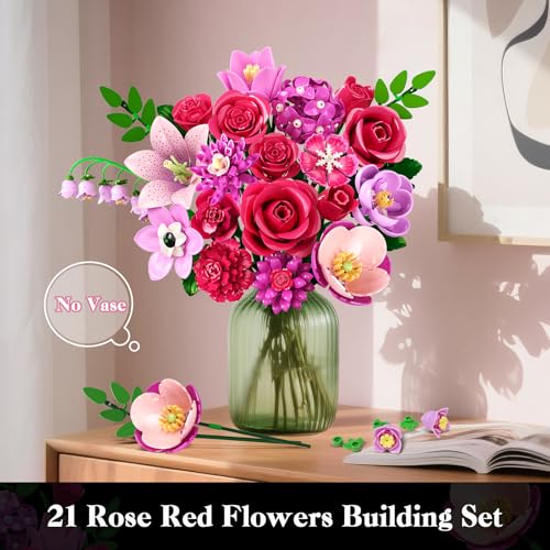 CUBIMANA Blumenstrauß Set mit Licht – 21 Rosenrot Blumen Botanik Kollektion für Erwachsene, Oster-Geburtstags Geschenke für Ehefrau/Freundin/Mutter, 832 Stück Rosen Blume Set für die Home Deko