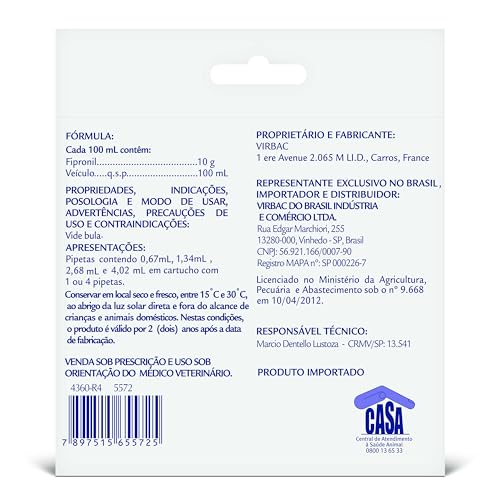 Virbac Effipro Antipulgas e Carrapatos para Cães de 10 kg a 20 kg com 1 Pipeta