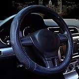 Universal Genuine Leather Black Steering Wheel Cover, 15inch, Breathable And Soft Car Wheel Protector (Blue steering wheel cover)