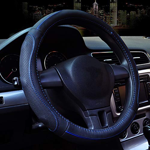 Universal Genuine Leather Black Steering Wheel Cover, 15inch, Breathable And Soft Car Wheel Protector (Blue steering wheel cover)