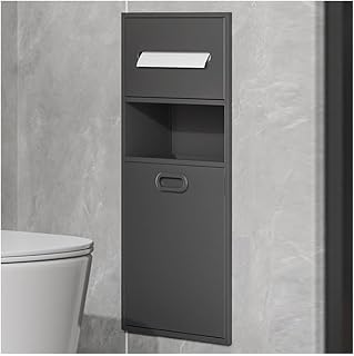 This Modern Bathroom Recessed Wall Mounted Storage Shelf, Brushed Stainless Steel with Bin, 30x65x14 cm, Stylish for Towels & Toiletries, Space-Saving Design.