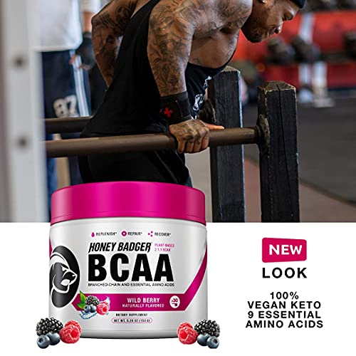 Honey Badger Pre Workout Powder & Bcaa Amino Acids Powder Bundle | Beta Alanine, Caffeine & Vitamin C + Electrolytes | Vegan Keto Sugar Free & Paleo For Men & Women | 30 Servings (Wild Berry) #TOP2