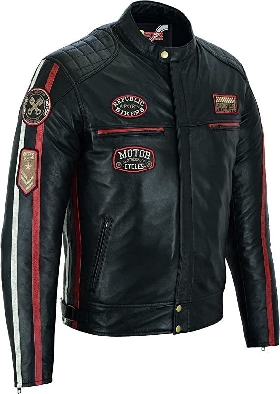 Blouson moto classic vintage noir rouge beige Large-X-Large en cuir