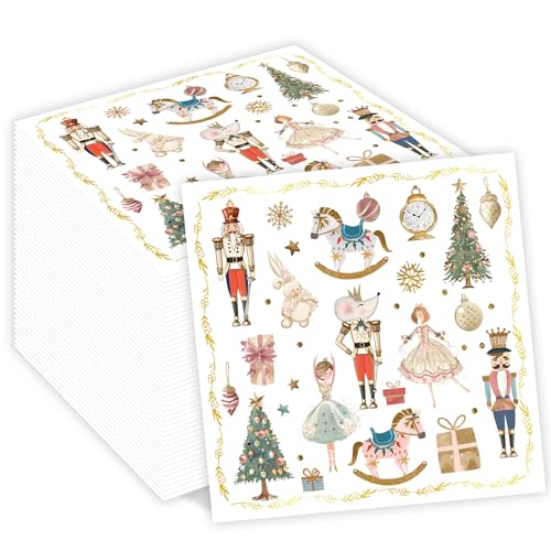 100Pcs Christmas Paper Napkins Nutcracker Disposable 2-Ply Napkins with Ballerinas Christmas Trees Horses Design for Bathroom Xmas Dinners Holiday Parties Table Decor 6.5x6.5 Inch