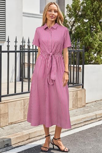 Image of Newshows Women's Work Business Casual Outfits Tie Waist Midi Shirt Dress | Lightweight & Breathable Easy-care Fabric, Side Pockets, Decent Professional Attire, Church Office Funeral Outfits