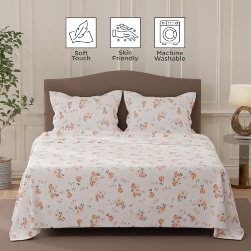 Image of Layers 100% Cotton Bedsheet for Double Size Bed | Lumina Floret Collection | 144 TC Soft & Breathable | Floral Print with 2 Pillow Covers | Wrinkle Free | 3 Piece Bedding Set - White & Orange