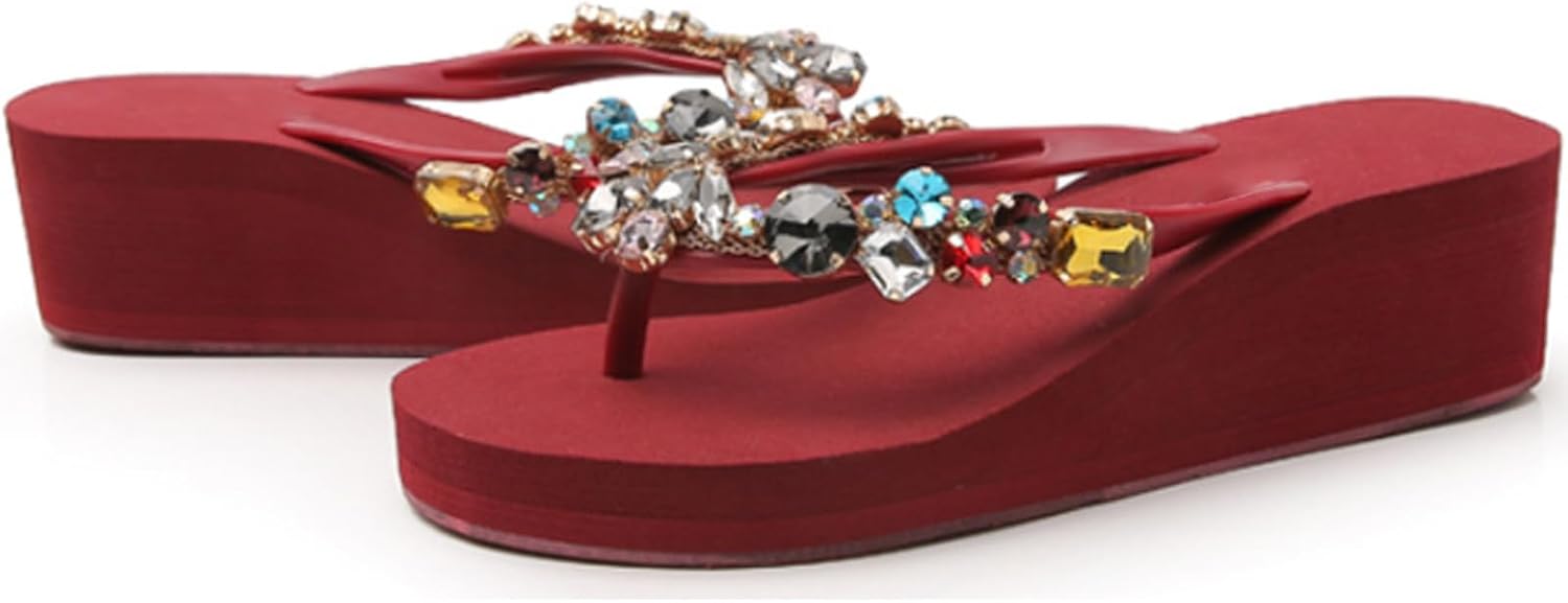 Women's EVA Wedges Heel Boho Flip Flop with Rhinestones Fashion Round Open Toe Sparkly Platform Thong Sandals for Outdoor Summer Beach Walking Shower Indoor