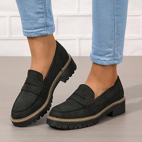 Image of Womens Loafers Slip On Casual Chunky Platform Heel Loafers Classic Penny Dressy Comfy Business Work Shoes Green Beige Black Red US5-11