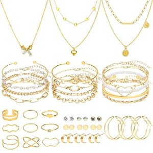 NEWITIN 49 Pieces Gold Jewelry Set for Women Fashion Costume Jewelry Gold Plated Necklace Bracelet Ring Earrings Set for Women
