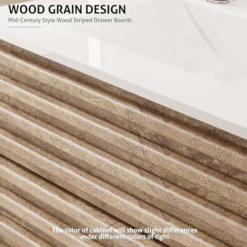 eclife 24" Bathroom Vanity with Sink Combo Mid-Century Freestanding Cabinet with Wood Stripes Decor, Adjustable Shelf, Include Undermount Sink Faucet Drain, Light Walnut