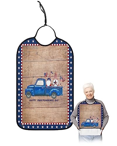 4th of July Adult Bibs for Eating, Waterproof Bibs with Food Catcher & Adjustable Snap Closure, Farmhouse Truck Gnomes Independence Day Washable Clothing Protectors Adult Bibs for Elderly Women/Men