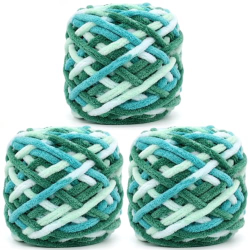 Image of Chunky Chenille Yarn for Crocheting,Green Fluffy Velvet Plush Yarn Thick Soft Chunky Chenille Yarn Baby Blanket Yarn for Crocheting Knitting Beginners 3 * 100g(Green Tone)